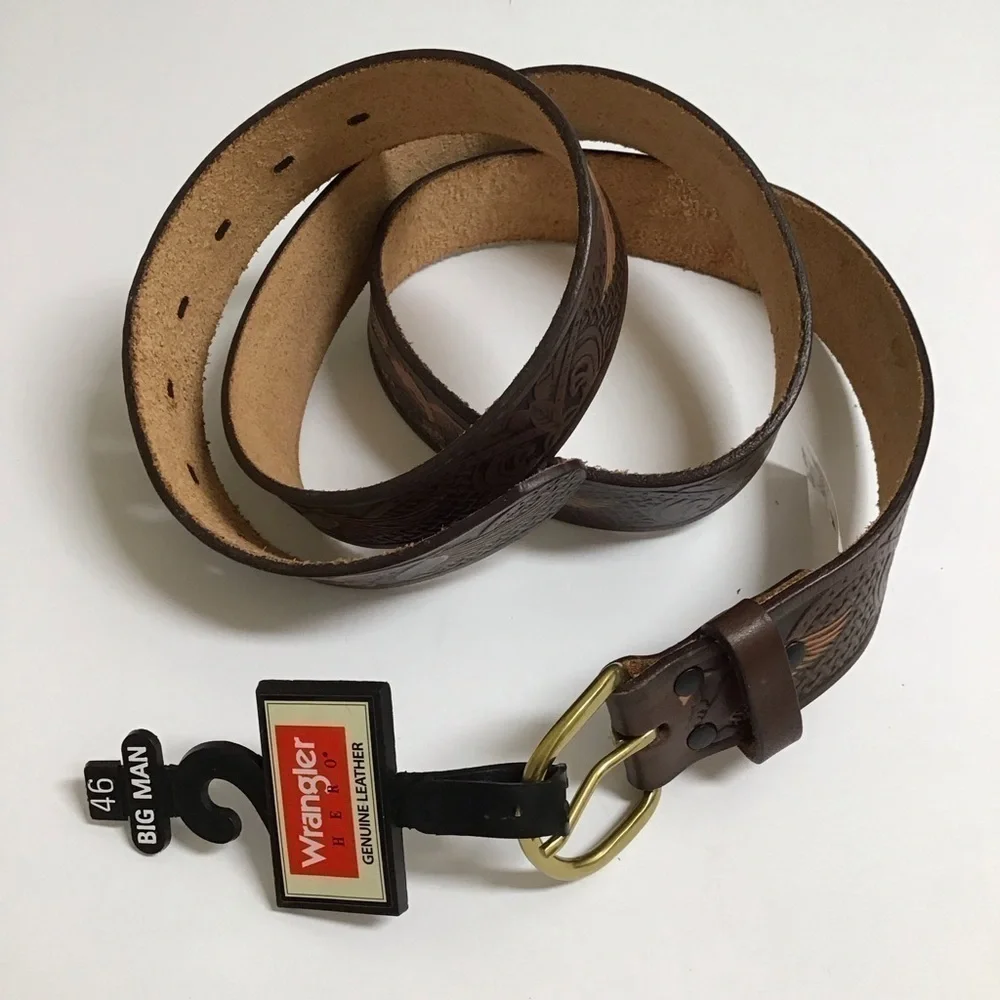 Wrangler EAGLE Leather Belt SZ 46 Western Men Embossed 100% Brown Tan Rodeo NEW